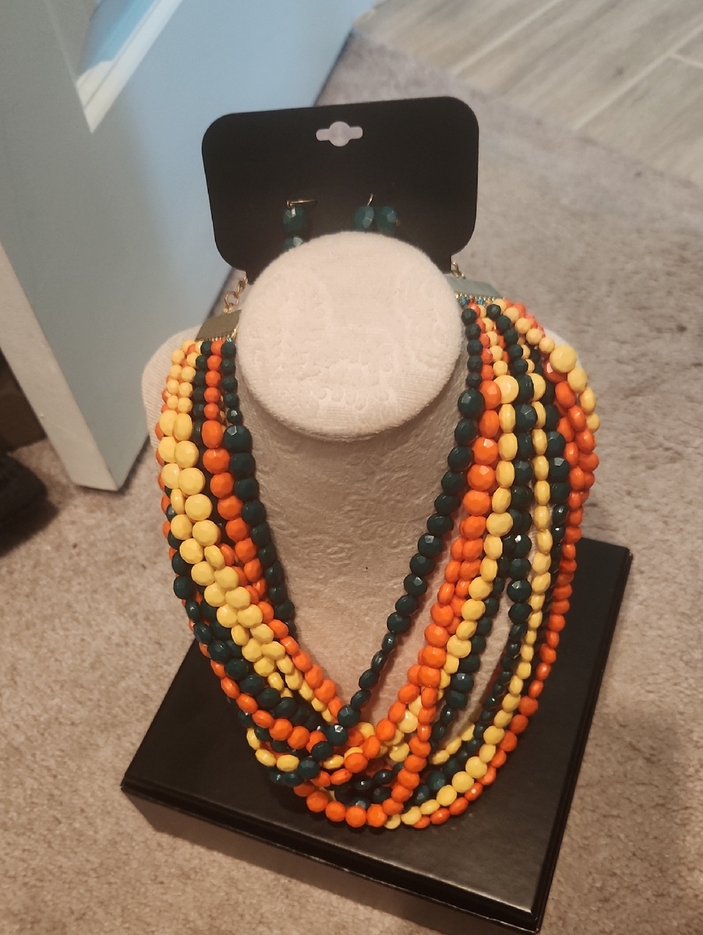 Multistrand Beaded Statement Necklace with Yellow, Orange & Teal Beads